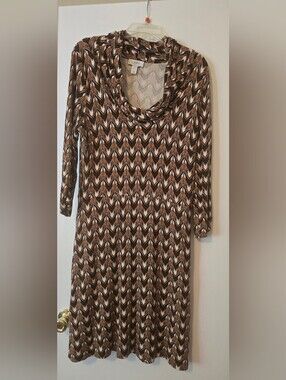 LOFT Chevron Cowl Neck Dress Brown Geometric Retro Size 14
